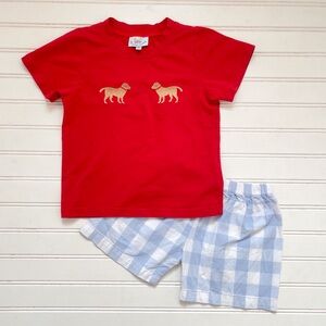 BUSY BEE SMOCKS VGUC Embroidered Dog Shirt & Elastic Gingham Shorts Set